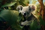  a picture of a koala in a tree with leaves and flowers around it, with a caption that reads, koala is the name of the koala.