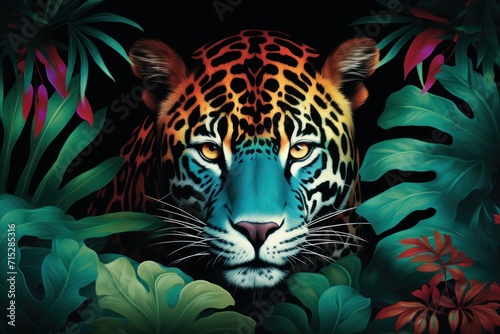  a painting of a leopard surrounded by tropical plants and flowers on a black background with a green leafy border. photo