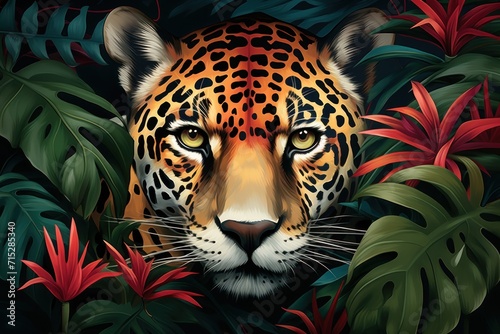  a painting of a leopard surrounded by tropical plants and flowers on a black background with red and green leaves on the bottom right corner. © Nadia