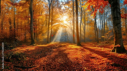Panoramiczny słoneczny las jesienią