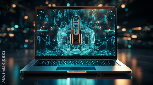 A powerful image of a laptop displaying a 3D padlock graphic, symbolizing cybersecurity and the protection of digital information.
 photo
