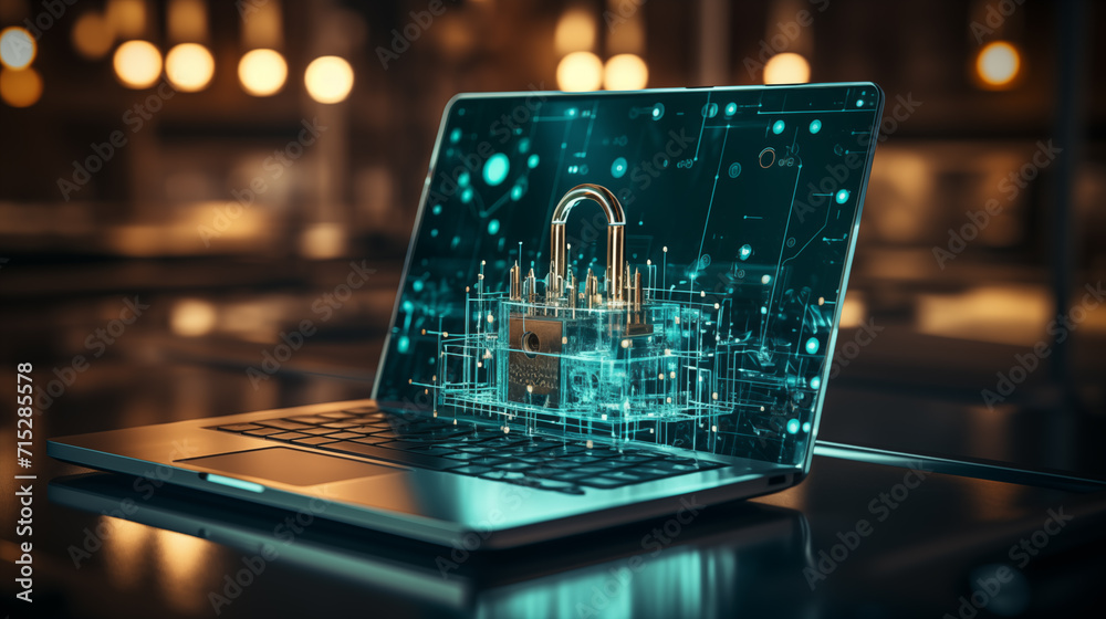 A sleek laptop screen shows a complex 3D padlock, symbolizing cutting ...