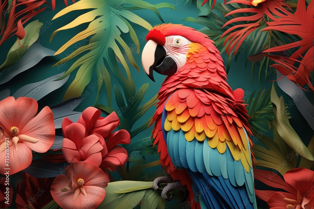  a colorful parrot sits on a branch surrounded by tropical leaves and flowers on a green background with red and yellow flowers.