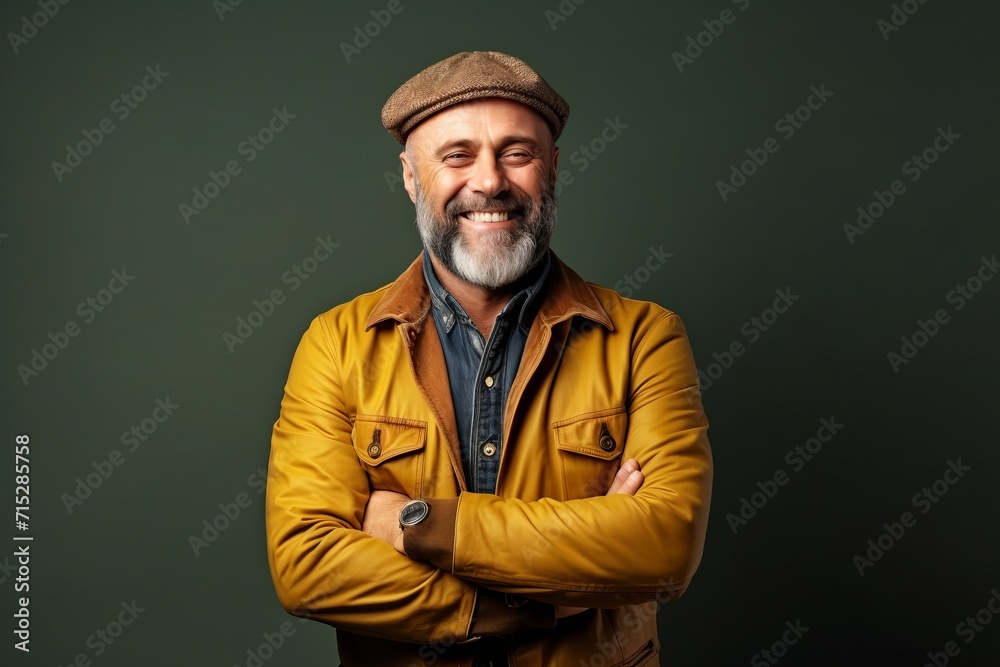Stylish mature man in a yellow jacket and beret posing on a green background. Stylish mature man in a yellow jacket and beret posing on a green background.