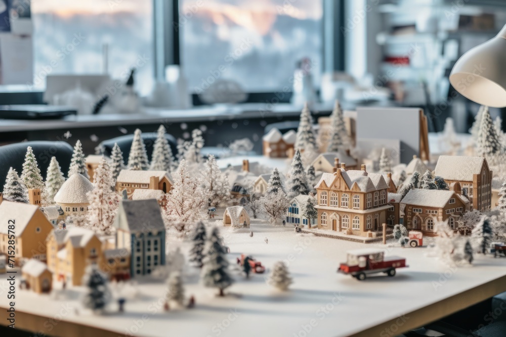 Creative office desk decorated with a miniature Christmas village, complete with tiny houses and snow, Generative AI