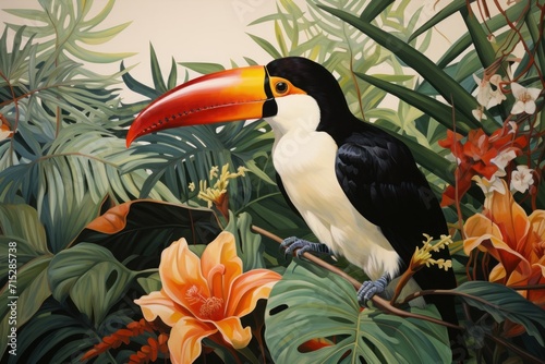  a painting of a toucan bird sitting on a branch surrounded by tropical flowers and greenery with orange and yellow flowers.