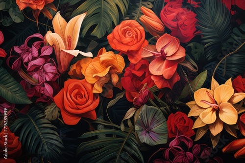  a painting of red  orange  and yellow flowers with green leaves and a bird in the middle of the painting.