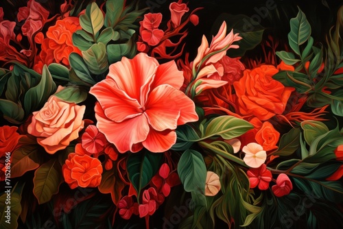  a painting of a bunch of flowers with green leaves and red and white flowers in the middle of the painting.