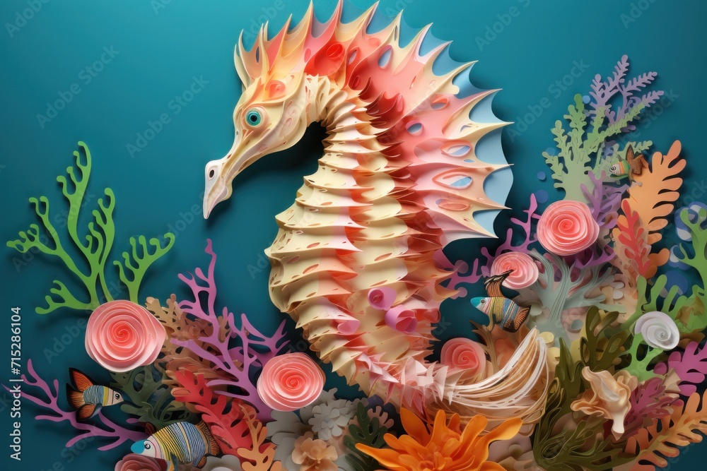a sea horse made out of paper surrounded by corals and other seaweed on a teal blue background. a sea horse made out of paper surrounded by corals and other seaweed on a teal blue background.