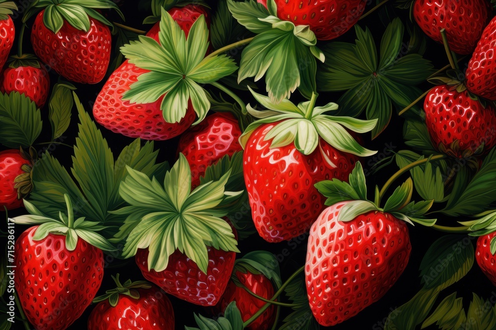 a painting of a group of strawberries with green leaves on the top and bottom of the image of a group of strawberries with green leaves on the bottom. a painting of a group of strawberries with green leaves on the top and bottom of the image of a group of strawberries with green leaves on the bottom.