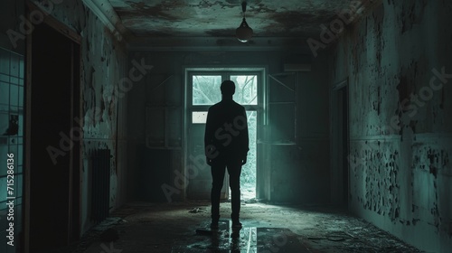 a man is standing in an abandoned room gloomy mood