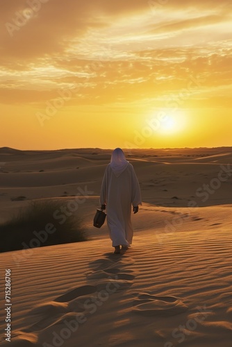 man walking and carrying water in the dunes at sunset