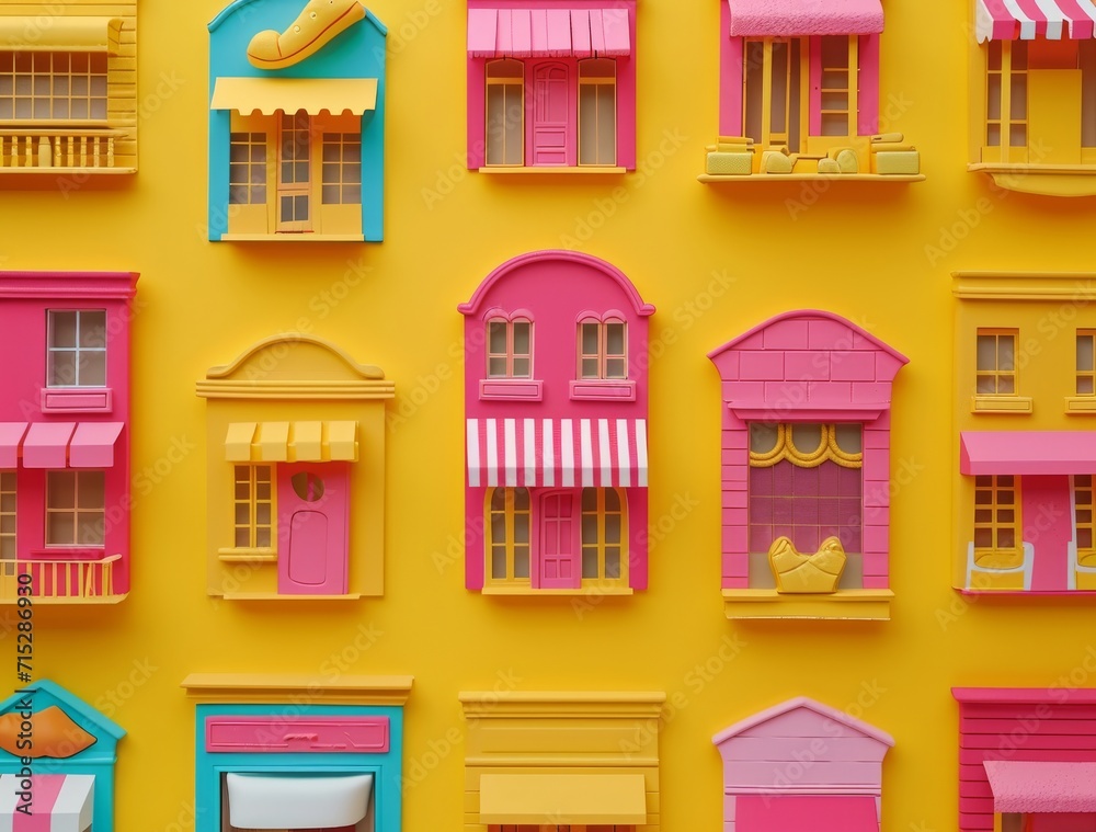 facade of different buildings on a yellow background