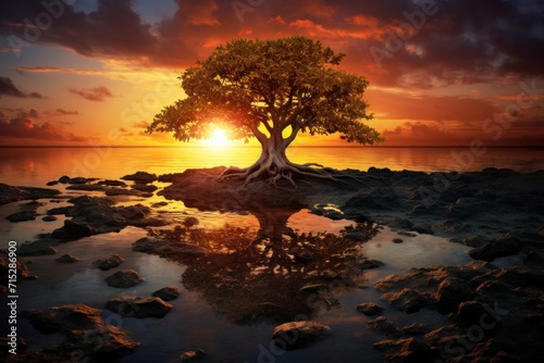  a tree sitting on top of a small island in the middle of a body of water with a sunset in the background.