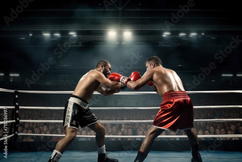 Two male boxers engage in a match under bright lights.