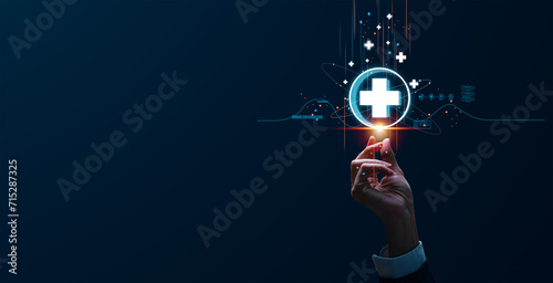 Businessman holding virtual blue plus sign to offer positive thing with thinking mindset or healthcare insurance symbol concept, like benefits, personal development, health insurance, growth concepts.