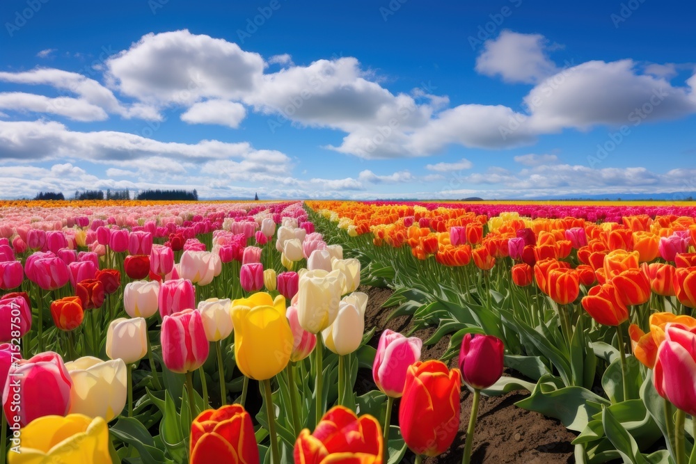  a field full of colorful tulips under a blue sky with a few puffy clouds in the background.