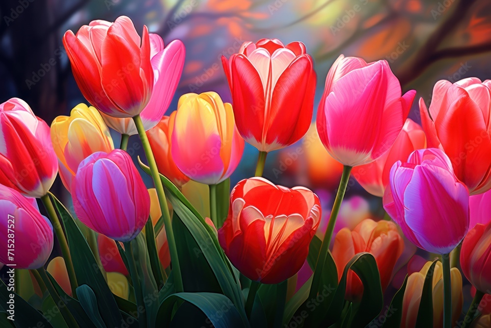  a painting of red and pink tulips in a field of yellow and pink tulips with trees in the background.