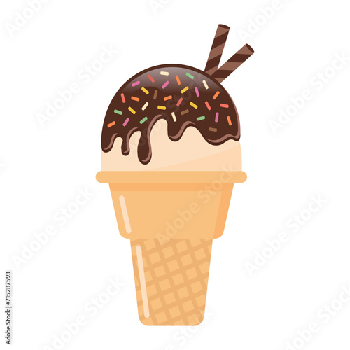 Ice cream with wafer rolls vector illustration on white background. Chocolate ice cream with cookies. Sweet dessert.