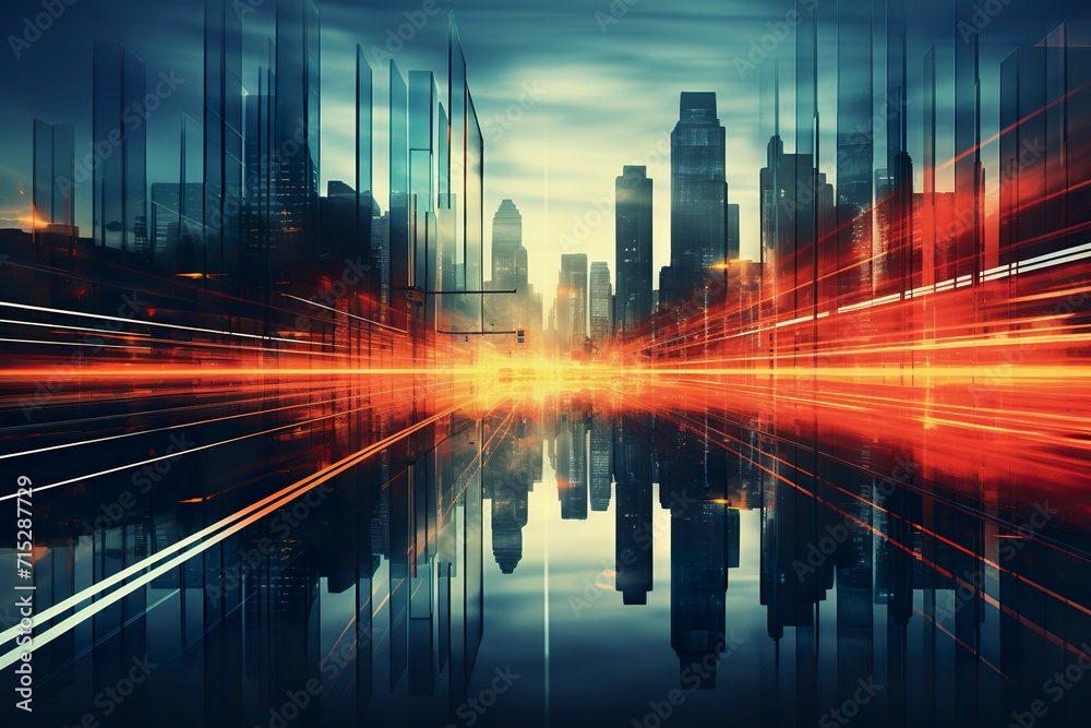 Dynamic light trails across an urban cityscape at twilight.