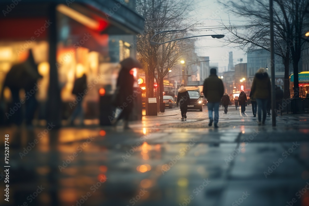 Blurred pedestrians walking on a rain-soaked city street.