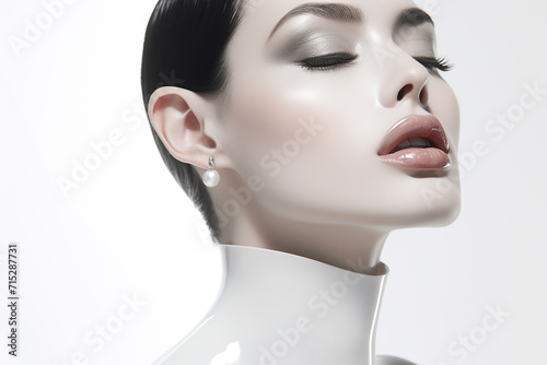 Beauty  fashion  make-up concept. Beautiful model close-up face portrait representing natural and beautiful make-up. Sensual mood and bright background and bright illuminated model