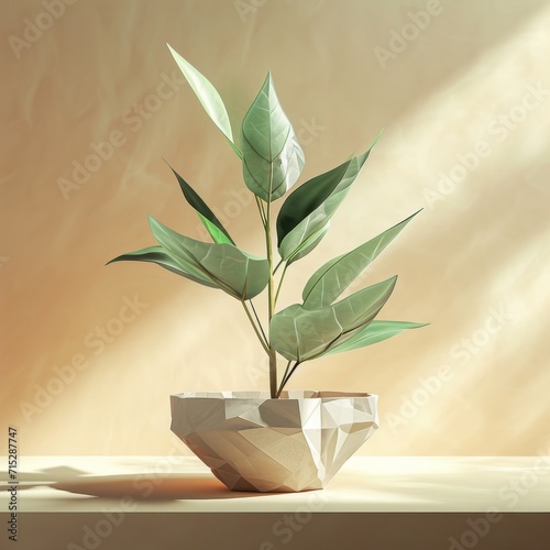 an oversized plant planted in a small bowl on a beige background