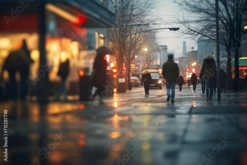 Blurred pedestrians walking on a rain-soaked city street. © NS
