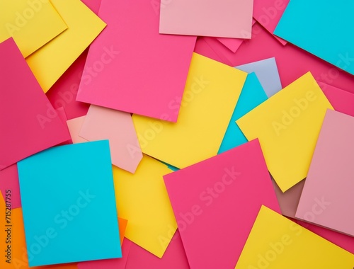 colored yellow, blue, and pink paper cards in front of a pink background 