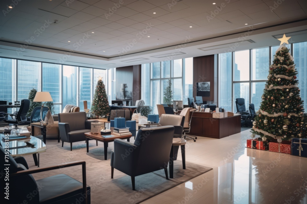 Merry office reception area with a Christmas tree, twinkling lights, and gift-wrapped presents, Generative AI