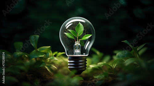 A wireless light bulb in greenery surrounded with green plants inside, a Green and sustainable energy concept, AI generated