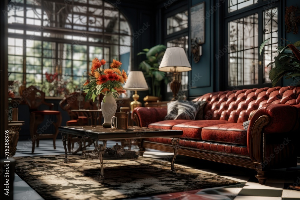  a living room with a red leather couch and a checkered rug on the floor and a table with a vase of flowers on it.