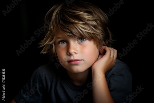 Portrait of a little boy on a dark background. Close-up.