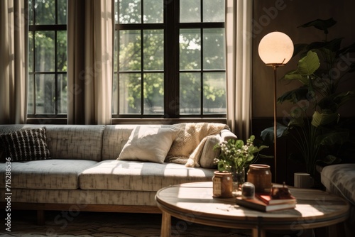  a living room with a couch, coffee table, and two windows with a view of trees outside the window.