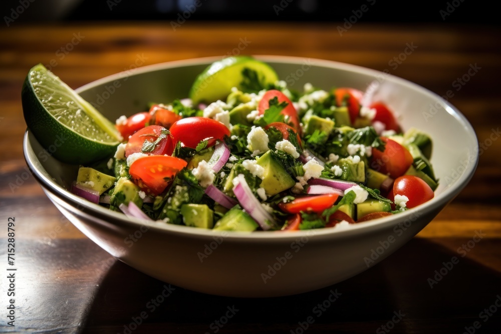 a close up of a bowl of food with tomatoes, onions, cucumbers, and avocado. a close up of a bowl of food with tomatoes, onions, cucumbers, and avocado.