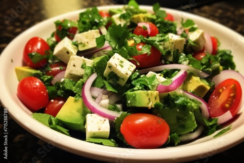  a salad with tomatoes, lettuce, onions, avocado, cheese and tomatoes in a white bowl.