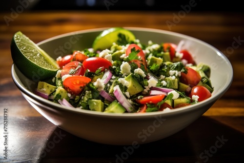  a close up of a bowl of food with tomatoes, onions, cucumbers, and avocado.