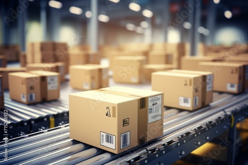 Packages on conveyor in warehouse, distribution, delivery, packaging, service. Generative AI