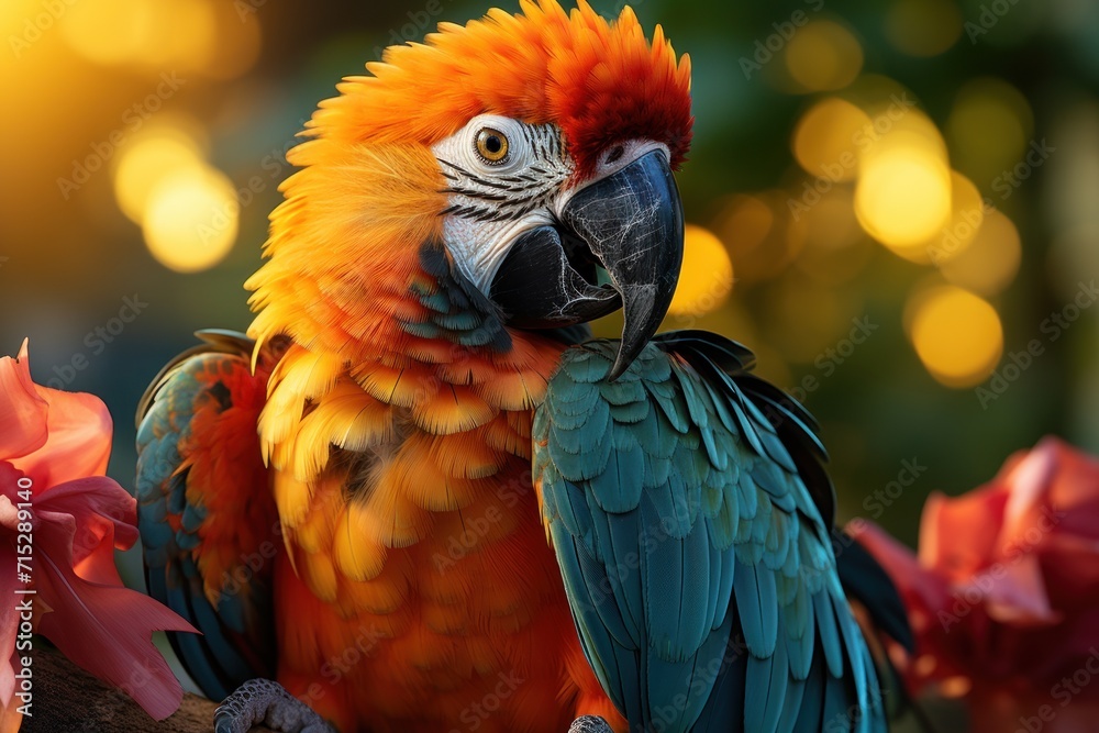  a close up of a parrot on a branch with a flower in the foreground and a blurry background.