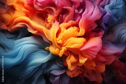  a close up of a multicolored flower in the middle of it's petals, with a blue, yellow, red, orange, and pink flower in the middle of the center.
