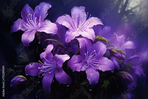  a painting of a bunch of purple flowers on a black background with a green leafy plant in the foreground.