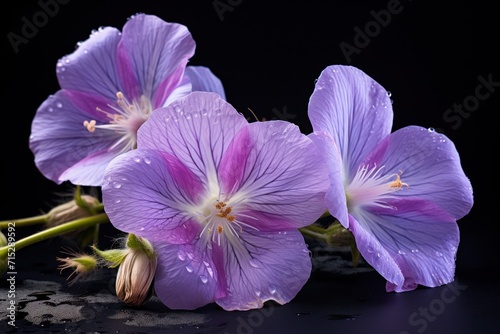  a group of purple flowers sitting on top of a black surface with drops of water on the petals of the flowers.