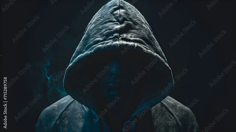 cyber security hacker with a hoodie hiding face at gloomy background ...