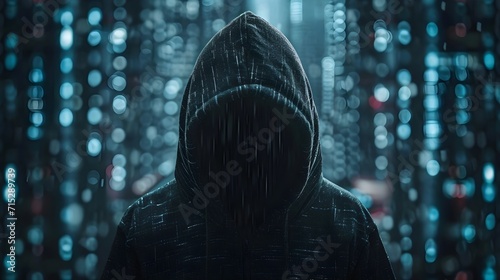 cyber security hacker with a hoodie hiding face at gloomy background. cyber security, hacker and technical world concept photo
