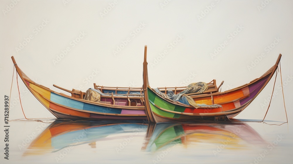 a pair of traditional longtail boats, their colorful bows and distinct designs creating a visually striking display against the simplicity of a clean and inviting white canvas.