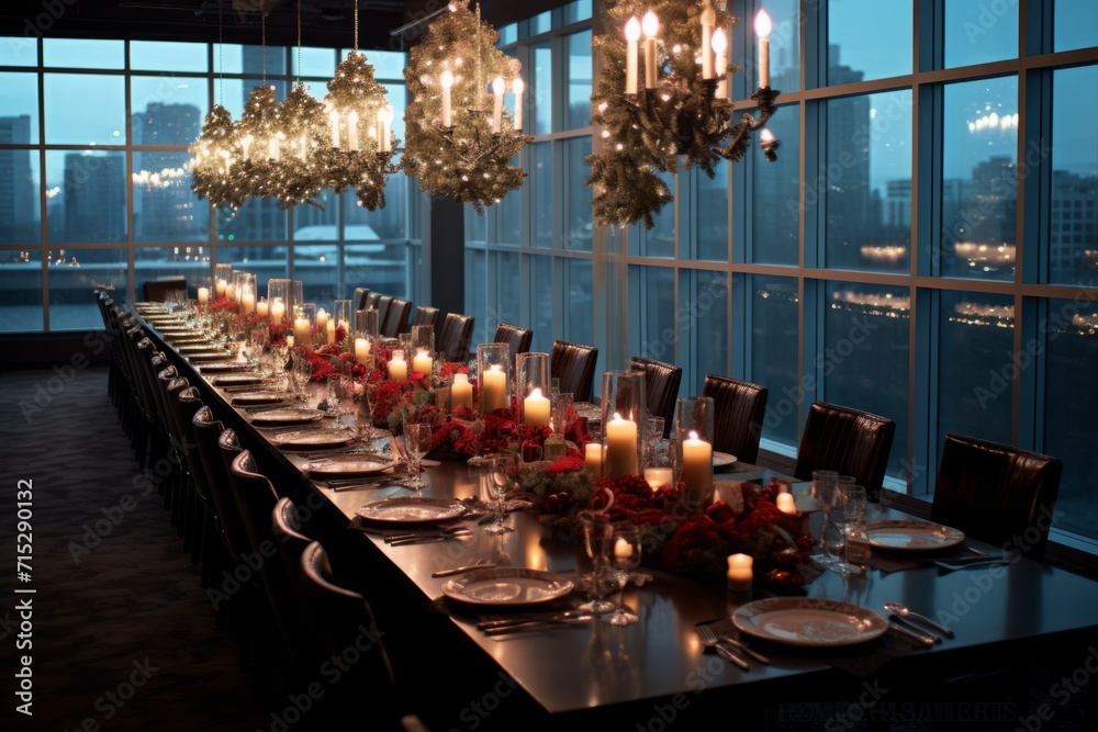 Office boardroom transformed into a festive holiday banquet, complete