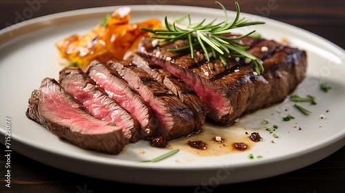 a perfectly seared steak, its juicy tenderness and mouthwatering appearance showcased on a clean white plate, inviting meat enthusiasts to a culinary delight.