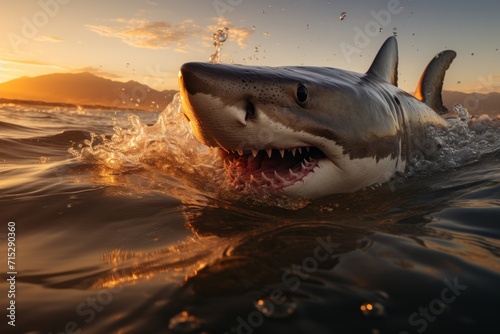  a great white shark with it s mouth open and it s mouth wide open  swimming in the ocean at sunset.