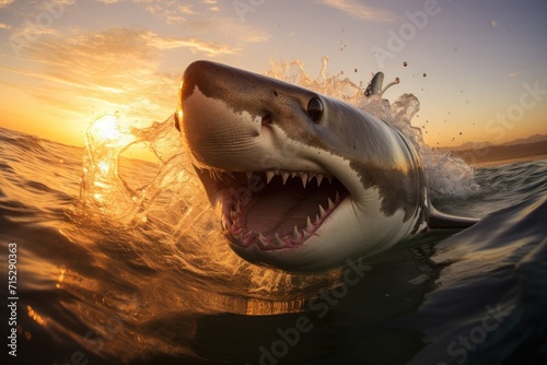  a great white shark with it s mouth open and it s mouth wide open as it swims through the water.