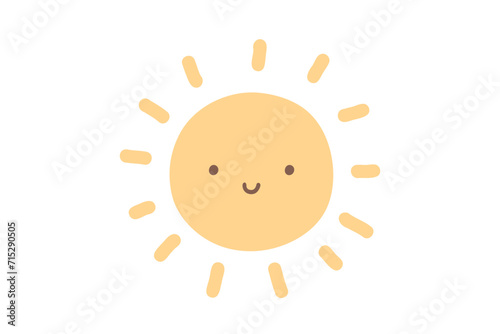 Cute cartoon hand drawn smiling sun. Sweet vector color sun isolated on white background.